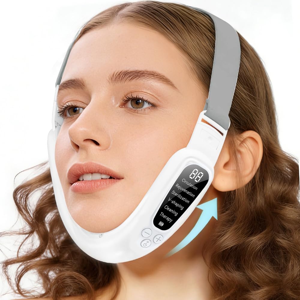 Pinkiou Doppelkinn Entferner, EMS V-Gesichtsmassagegerät mit EMS Mikrostrom & 42°C Wärmetherapie, 6 Modi & 15 Intensitätsstufen für Kinn & Kieferpartie, LED-Display, Typ-C Tragbares Lademodell