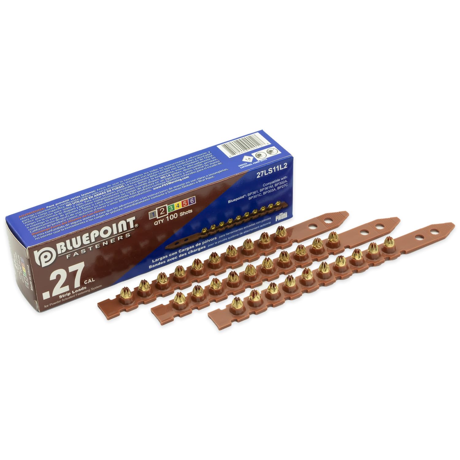 BLUEPOINT .27 Caliber Brown Strip Powder Loads for Power Actuated Fastening System (500 Count). Item# 27LS11L2. Ideal for Reliable Fastening Applications. 5-Pack Save $10