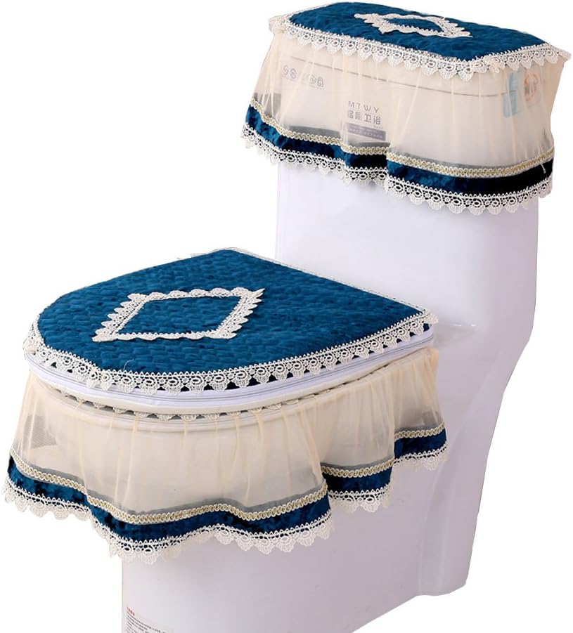 Soft Plush Toilet Seat Cover Three-Piece Thicken Zipper Embroidery Toilet Tank Covers (Pattern-H)