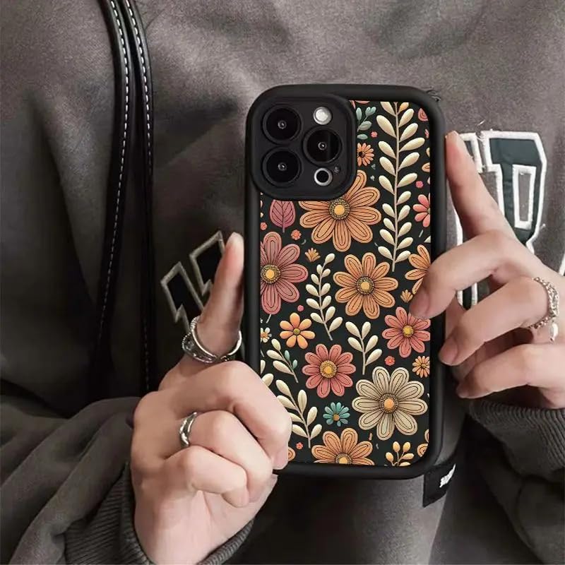 Image of ZR022 for iPhone 16 Pro Max Back Case Cover | Floral Designer Aesthetic Flower Printed Soft Silicone | Slim Fit | Camera Protection | Shockproof TPU Case - Black