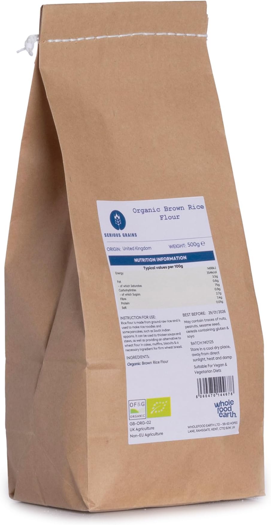 Wholefood Earth Organic Brown Rice Flour – 500g | Stone Ground | GMO Free | Certified Organic