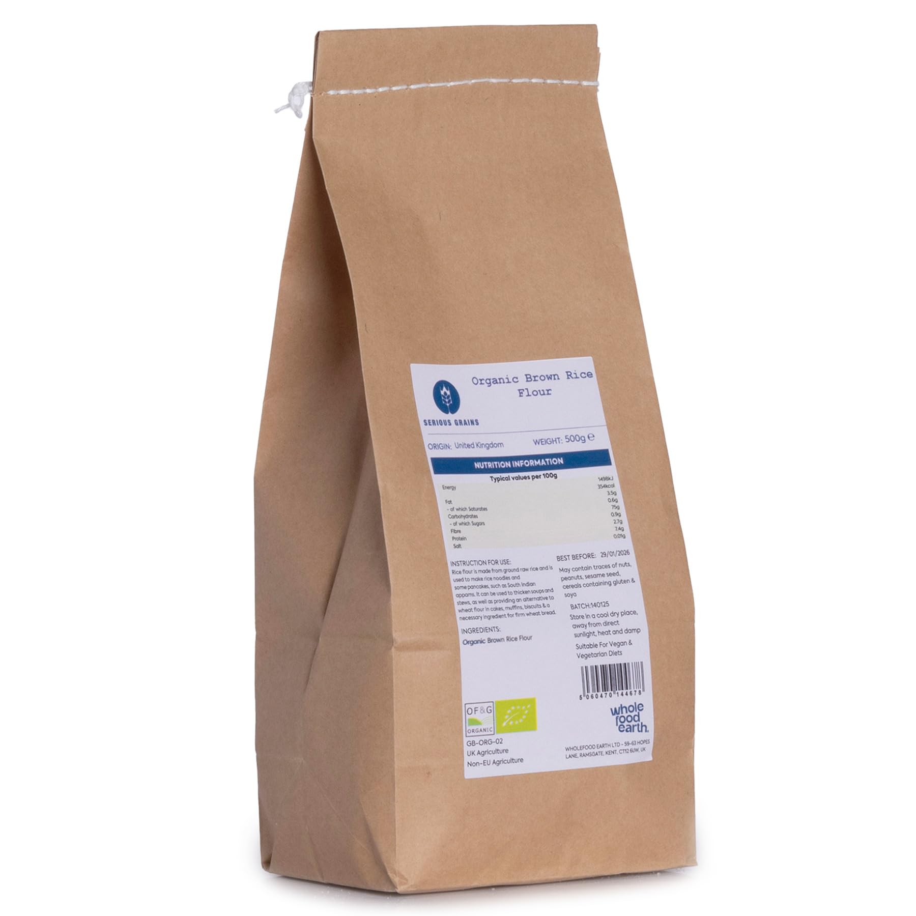 Wholefood Earth Organic Brown Rice Flour – 500g | Stone Ground | GMO Free | Certified OrganicEU Organic