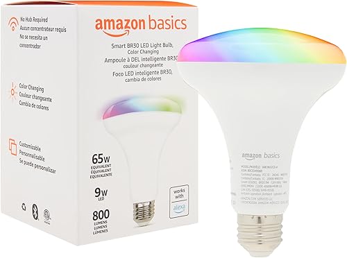 Amazon Basics Bombilla LED Inteligente BR30, Cambio de Color, 9W (Equivalente a 60W), 800LM, Funciona Solo con Alexa, Wi-Fi de 2.4 GHz, No Requiere