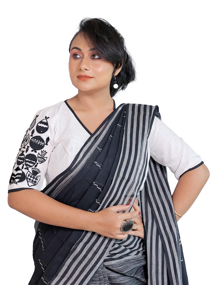 Women's Cotton - White - Embroidered with Black Fish Motif - Half Sleeve Readymade Designer Blouse-picture-46