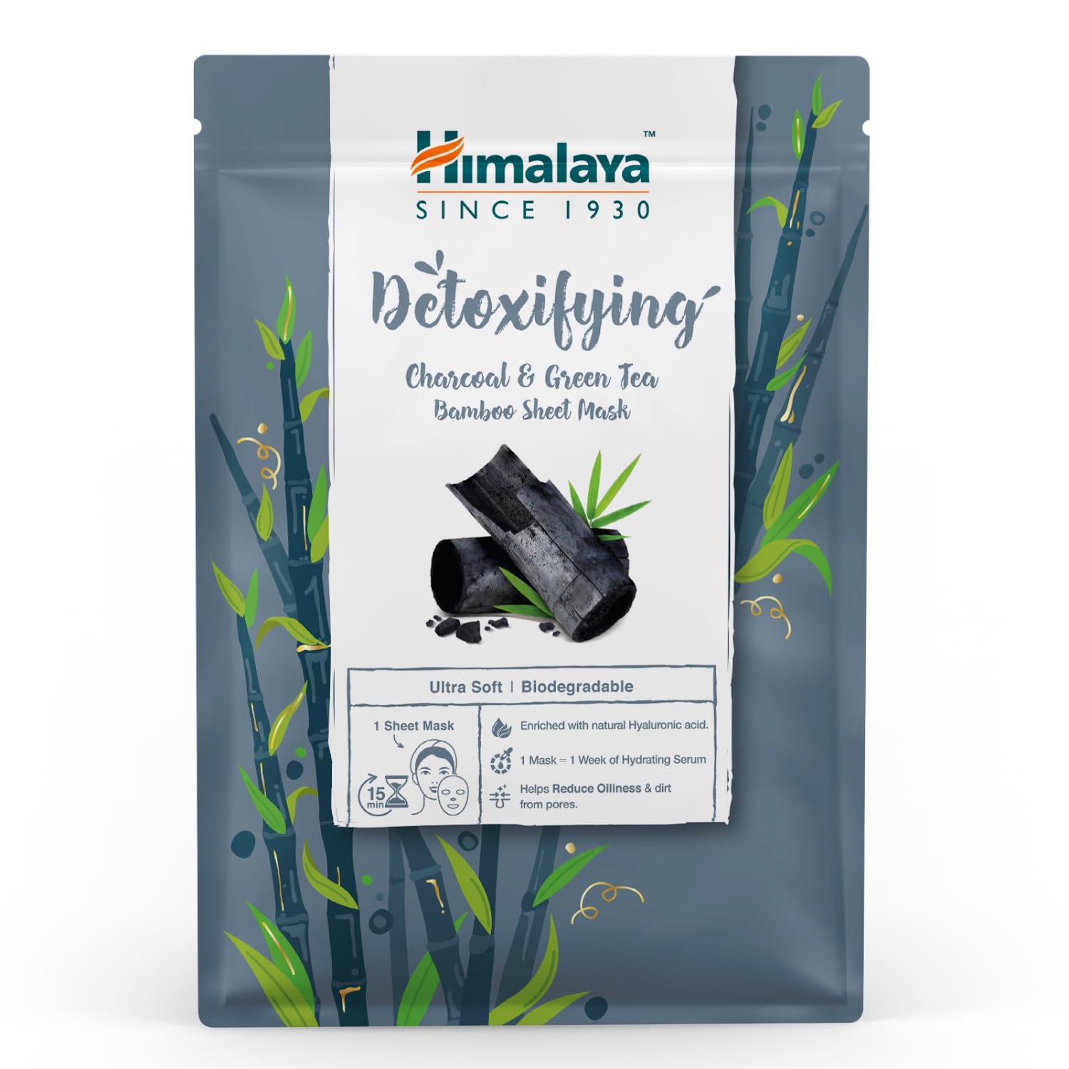 Himalaya Detox Etkili Kağıt Maske, Aktif Kömür, Yeşil Çay, Hyaluronic Acid, Bambu, Geri Dönüştürüleriblir, Tüm Ciltler, 30 gr