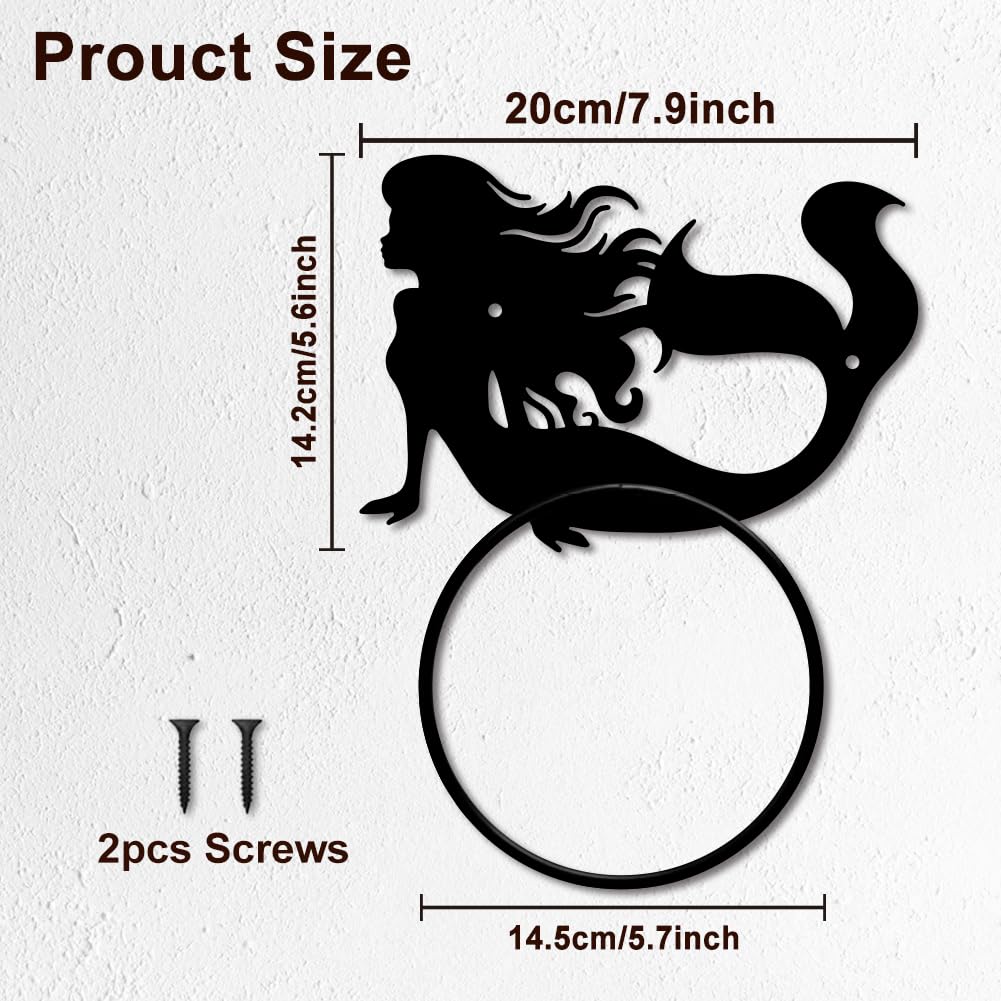MAYJOYDIY Mermaid Metal Towel Ring Mermaid Sea Hand Towel Holder Round Ocean Theme Towel Hangers Black Bathroom Towel Rack Wall Mounted for Kitchen Bath Home Laundry Room Decors Gifts - Image 2