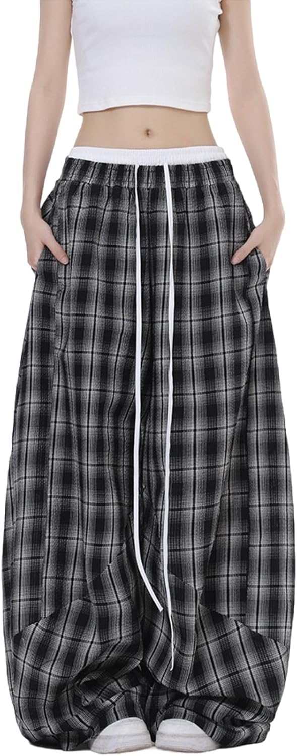 Women's Plaid Loose Wide Leg Pants Drawstring Elastic Waist Casual Baggy Trousers Trendy Y2K Streetwear with Pockets - Image 5