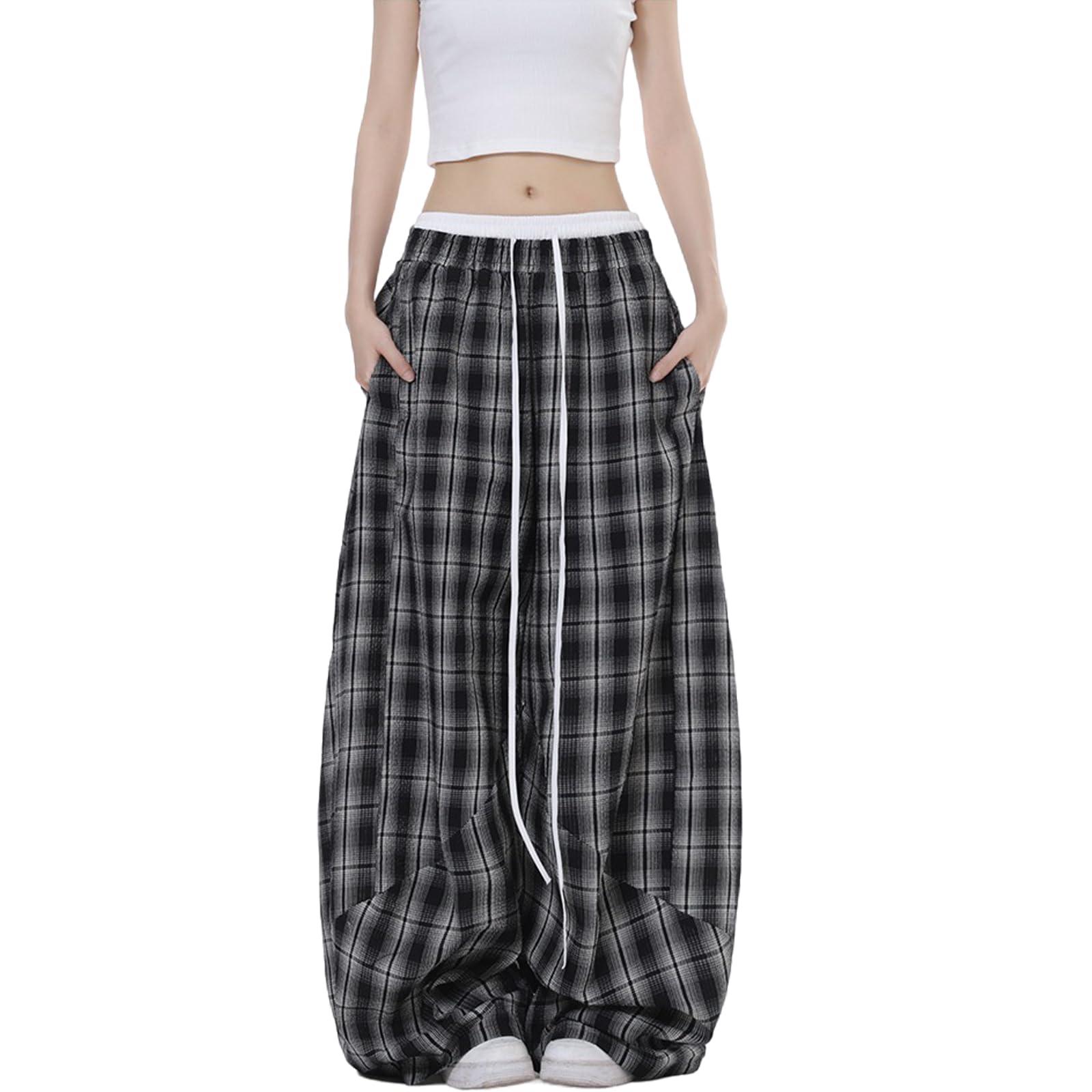 Damen Karo Locker Hose mit weitem Bein Kordelzug Elastische Taille Casual Baggy Trendige Y2K Streetwear mit Taschen