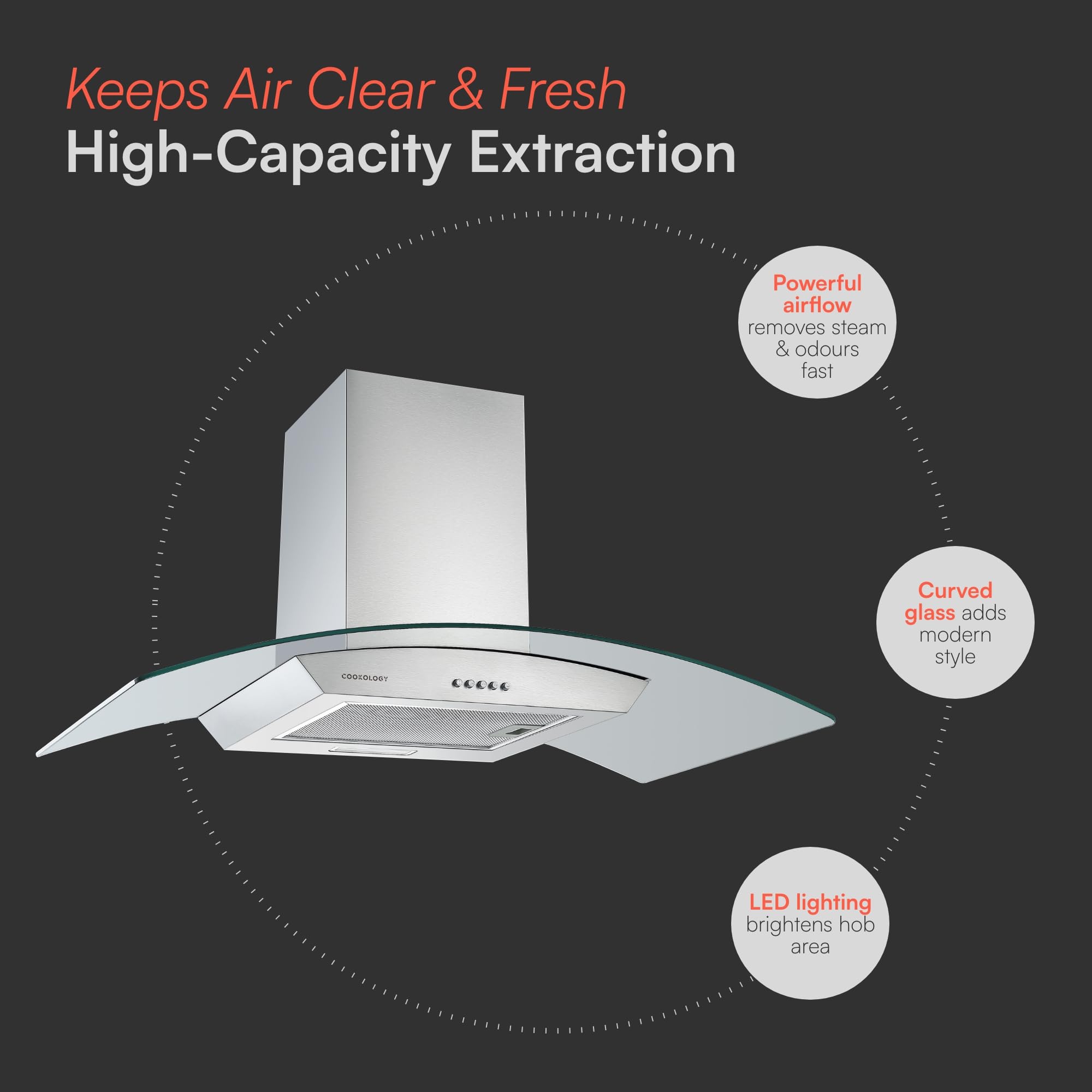 Cookology Curved Glass Chimney Cooker Hood, Wall Mounted Extractor Fan, LED lighting, Adjustable Height (Stainless Steel, 90cm) — view 3