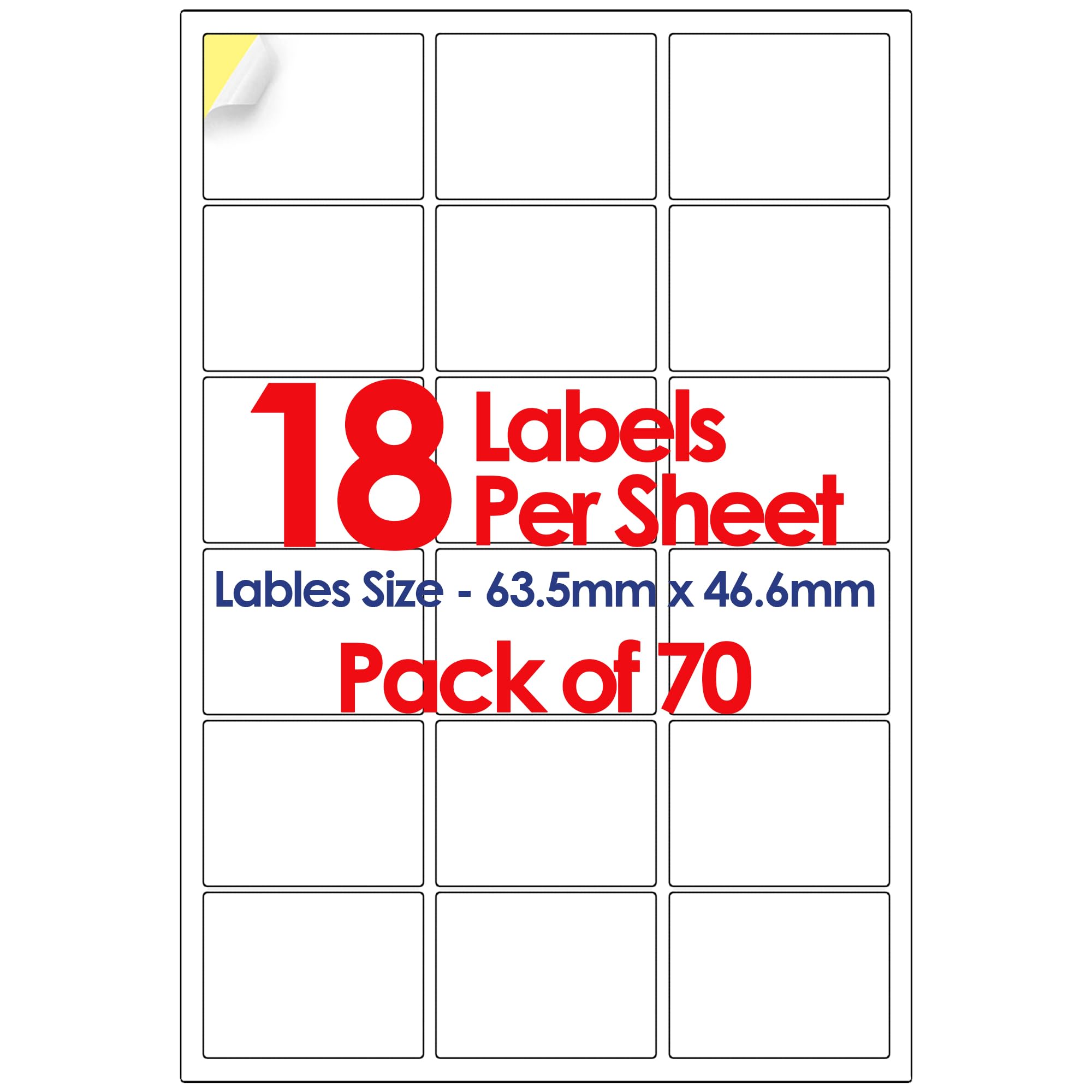 YUNJU A4 Self Adhesive Address Labels, 18 Label Per Sheet, 70 Sheets, Self Adhesive Quick Dry Labels for Inkjet & Laser Printer [63.5 x 46.6 mm] 1260 Label