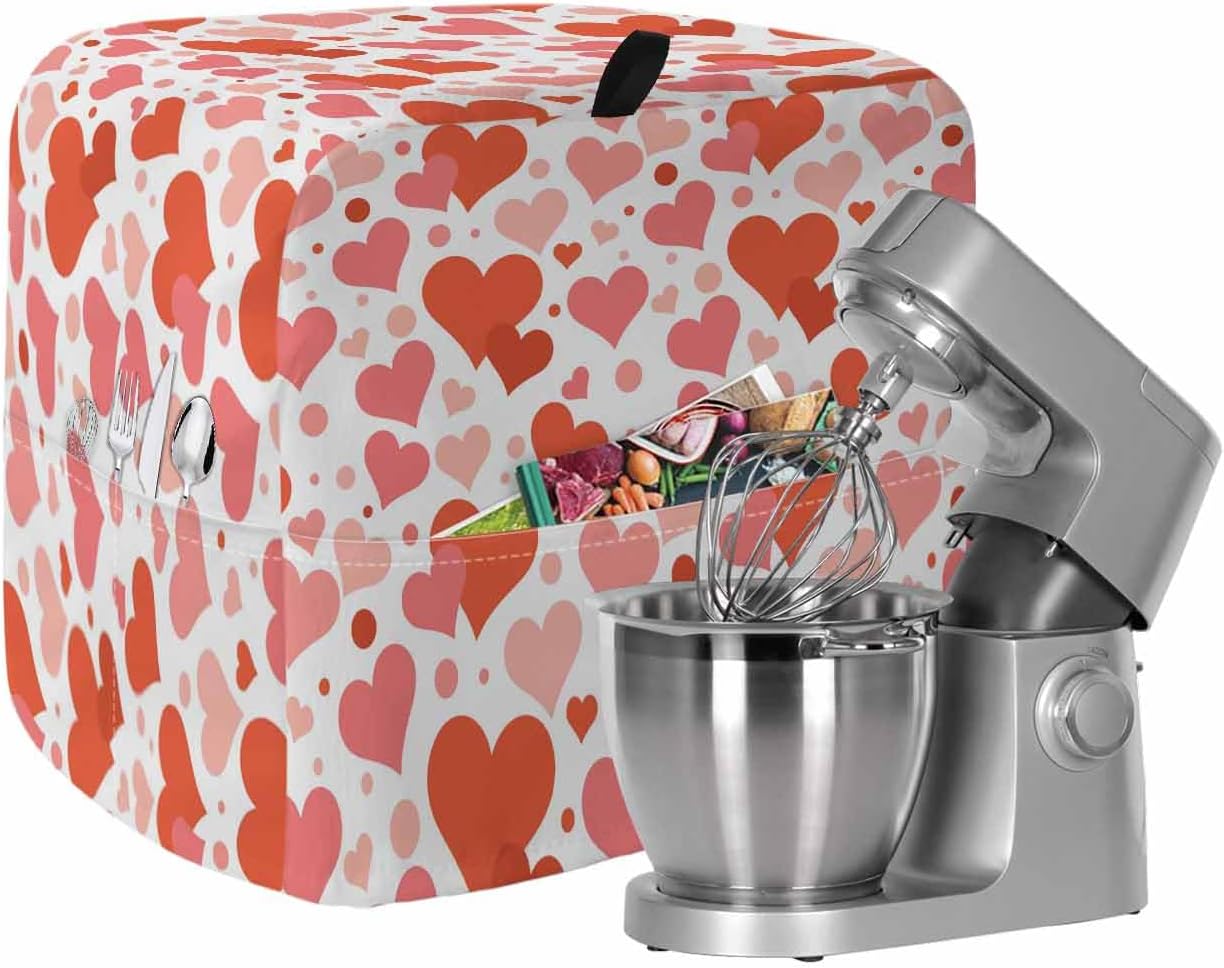 Red Pink Love Stand Mixer Cover with Storage Pocket, Waterproof Kitchen Mixer Covers, Valentine's Day Heart Modern Minimalist Kitchen Appliance Dust Cover Compatible with 4/4.5 Quart Mixers