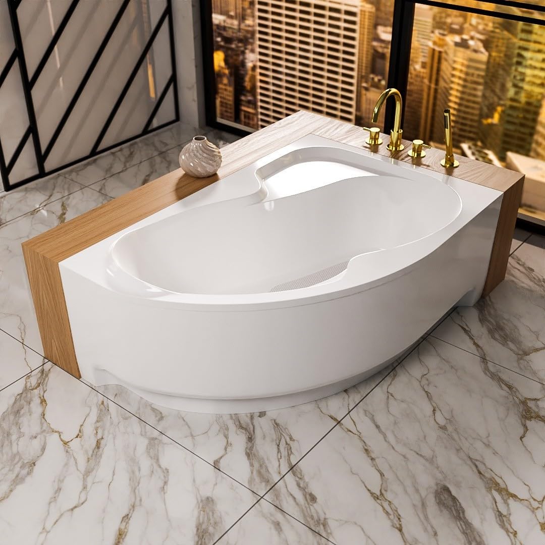 Wanna narożna ECOLAM® WELA 170x100 cm PRAWA z obudową | Wanna akrylowa, Wanna sanitarna akrylowa | Obudowa akrylowa + zagłówek Mare + automatyczny spust i armatura przelewowa | Antypoślizgowe, łatwe w