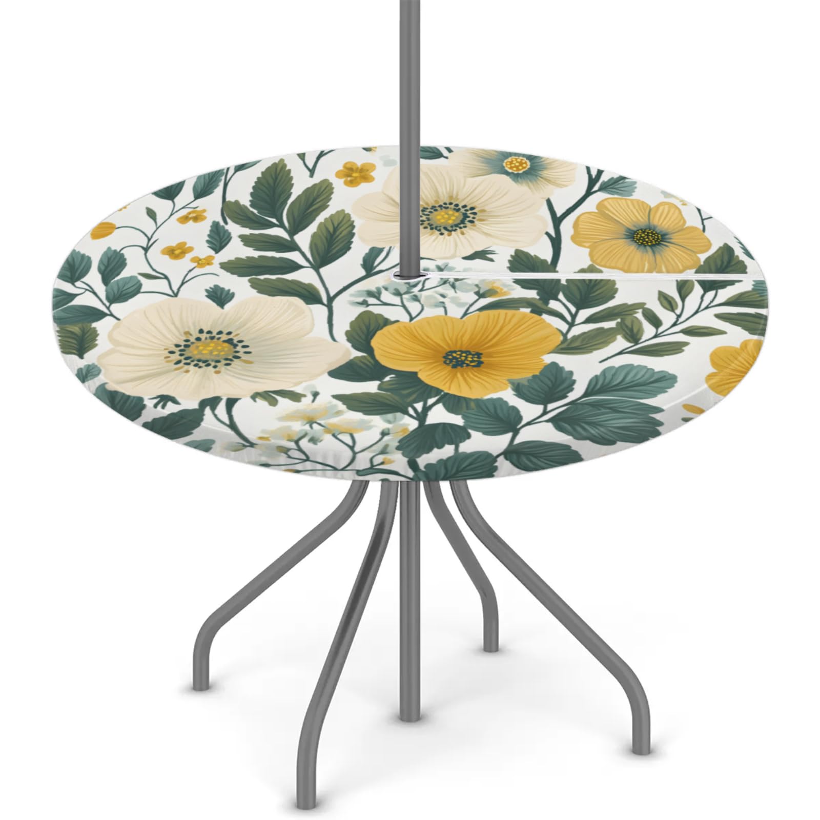 Outdoor Round Tablecloth with Umbrella Hole, Retro Floral Outdoor Round Table Cloth Fitted Tablecloth Waterproof Umbrella Table Cover for Party Picnic