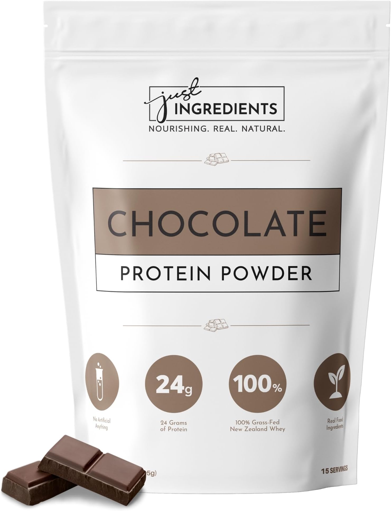 JUST INGREDIENTS Protein Powder - Chocolate, Grass-Fed Whey, Organic Whole Food Blend, Gluten-Free, Keto-Friendly - 15 Servings, 24g Protein