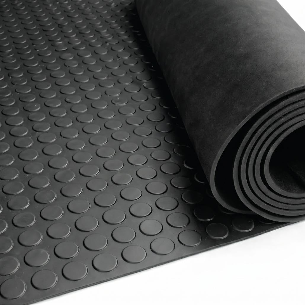 Pavimento Caucho Círculos Negro 1,50x15 m LESTARE | Suelo Goma Botones Antideslizante en Rollo 3 mm para Negocios, Industria y hogar