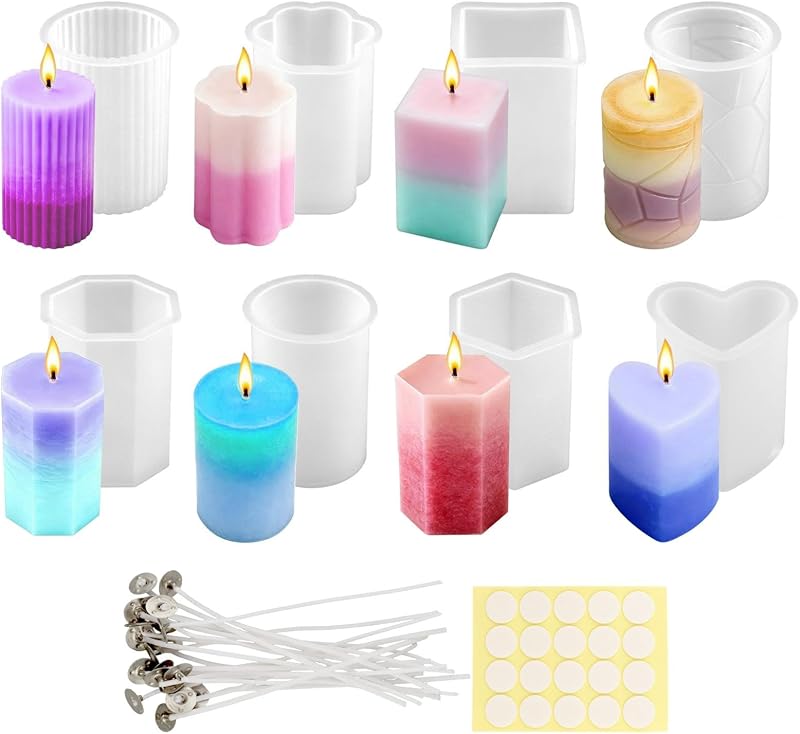 Juego de moldes de silicona para velas, reutilizables de fácil liberación, 8 formas diferentes para velas de pilar de bricolaje, fundición de resina, jabón, decoración del hogar, regalos navideños