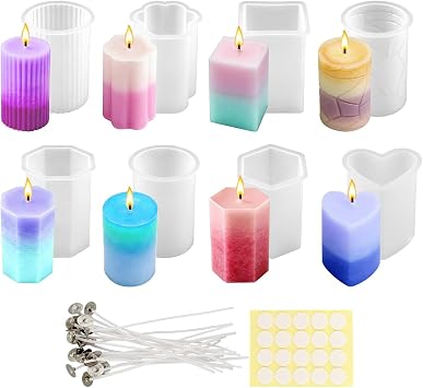 Silicone Candle Molds Set, Reusable Easy Release, 8 Different Shapes for DIY Pillar Candles, Resin Casting, Soap, Home Decoration, Holiday Gifts