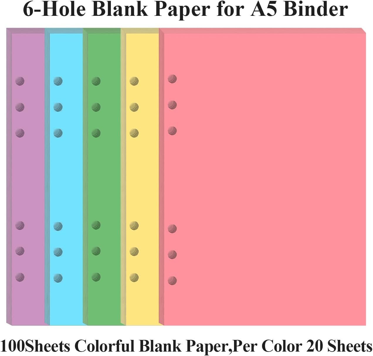 6-Hole Punched Blank Paper for A5 Binders - 100 Sheets/200 Pages Blank Paper Refills, Per Color 20 Sheets, Colorful Printer Papers, 5.8" x 8.25" image 2