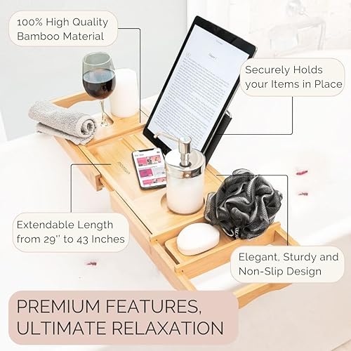 Miniatura 3 de Bandeja de baño para bañera: bandeja de bañera de bambú expandible con soporte para copa de vino y soporte para libros. Accesorios de baño