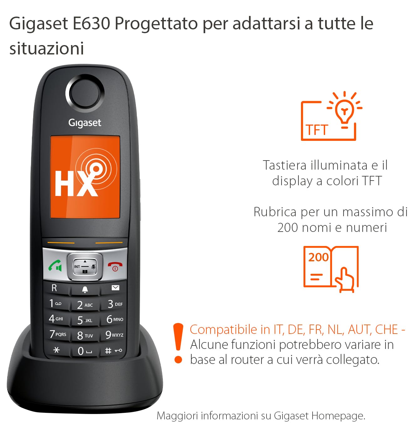 Gigaset E630HX - DECT Telefono Aggiuntivo Cordless - Protezione da urti, Sporco e Spruzzi, Nero [Compatibile in IT, DE, FR, NL, AUT, CHE] [Senza Base]