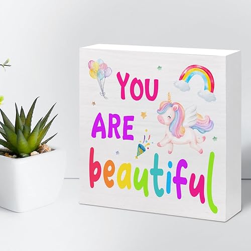 Miniatura 5 de Letrero de madera con texto en inglés "You are Beautiful - Decoración de escritorio inspiradora para niña, decoración de escritorio para cuarto de