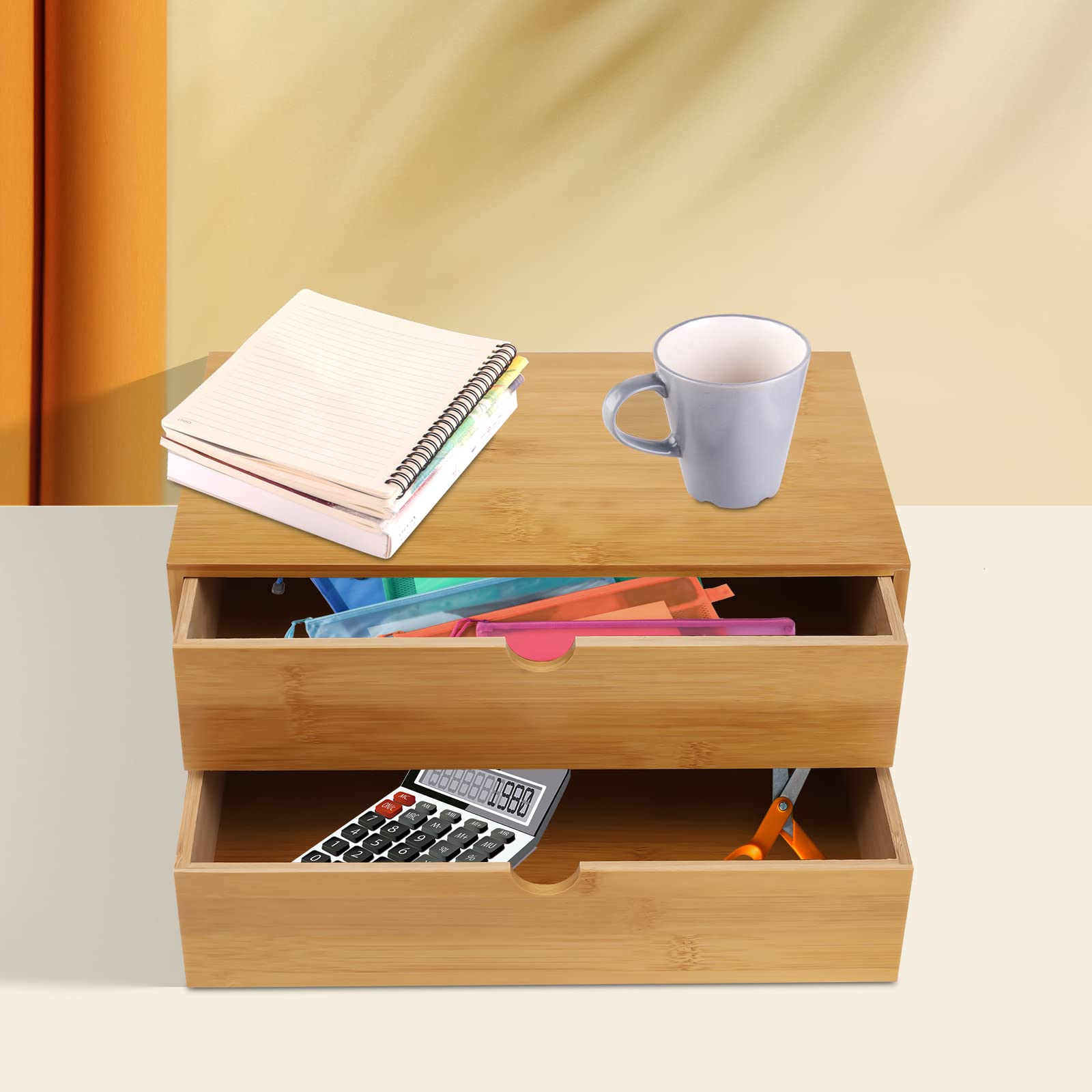 Organizer da scrivania in bambù, con 2 cassetti, per casa, ufficio, ufficio, casa, toilette, 33 x 19 x 16 cm