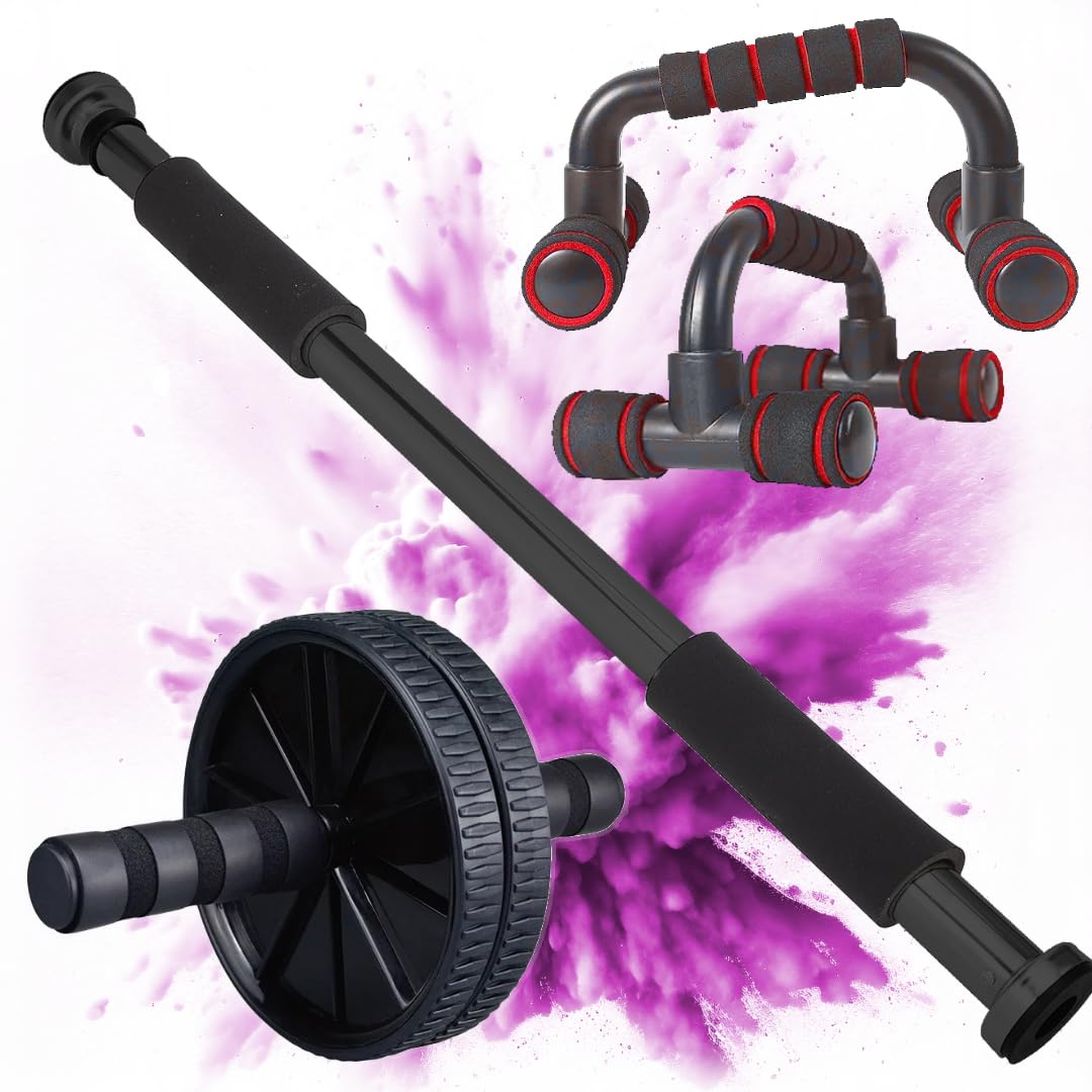 Kit Palestra Casa 3 In 1 – Sbarra Trazioni Da Porta, Rullo Addominali E Maniglie Push Up, Montaggio A Pressione, Portatile E Resistente