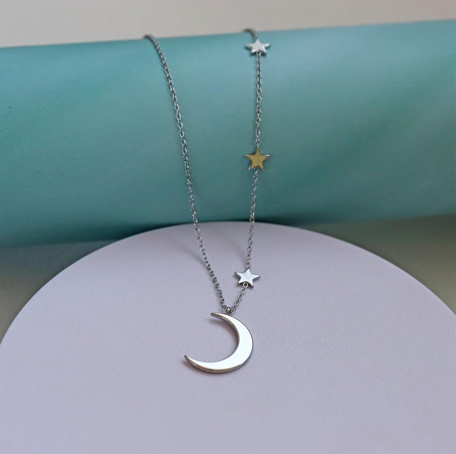 Rnivida Stainless Steel Crescent Moon Pendant Necklace 3 Stars and Moon Jewelry for Her - Image 4