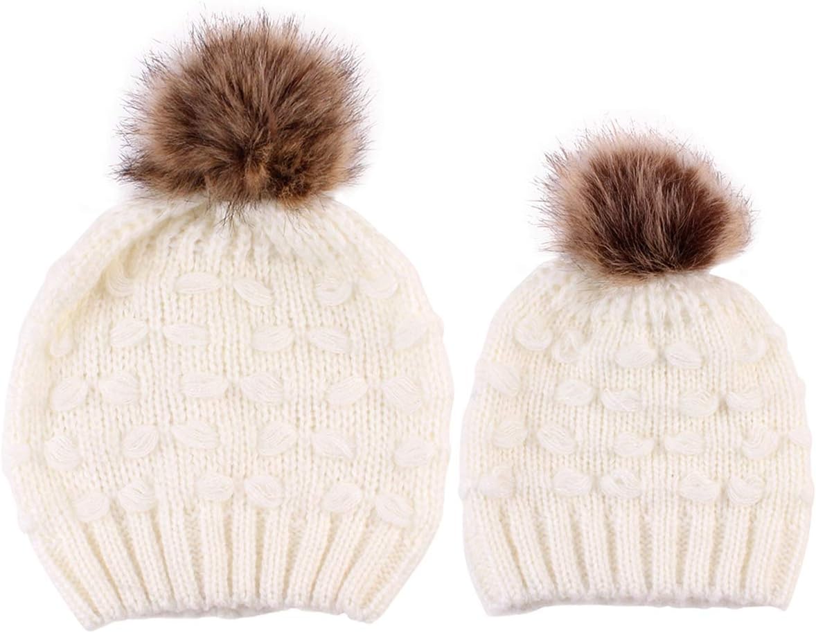 2PCS Parent-Child Hat, Mother Child Daughter Son Baby Winter Warm Soft Knit Hat Family Crochet Beanie Ski Cap with Pom Pom