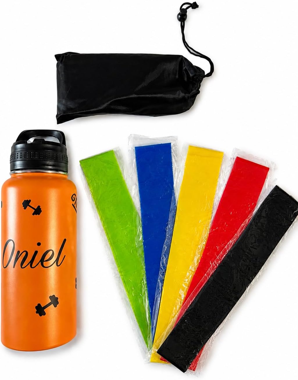 Gym kit that includes a personalized 32oz thermo and 5 resistance bands
