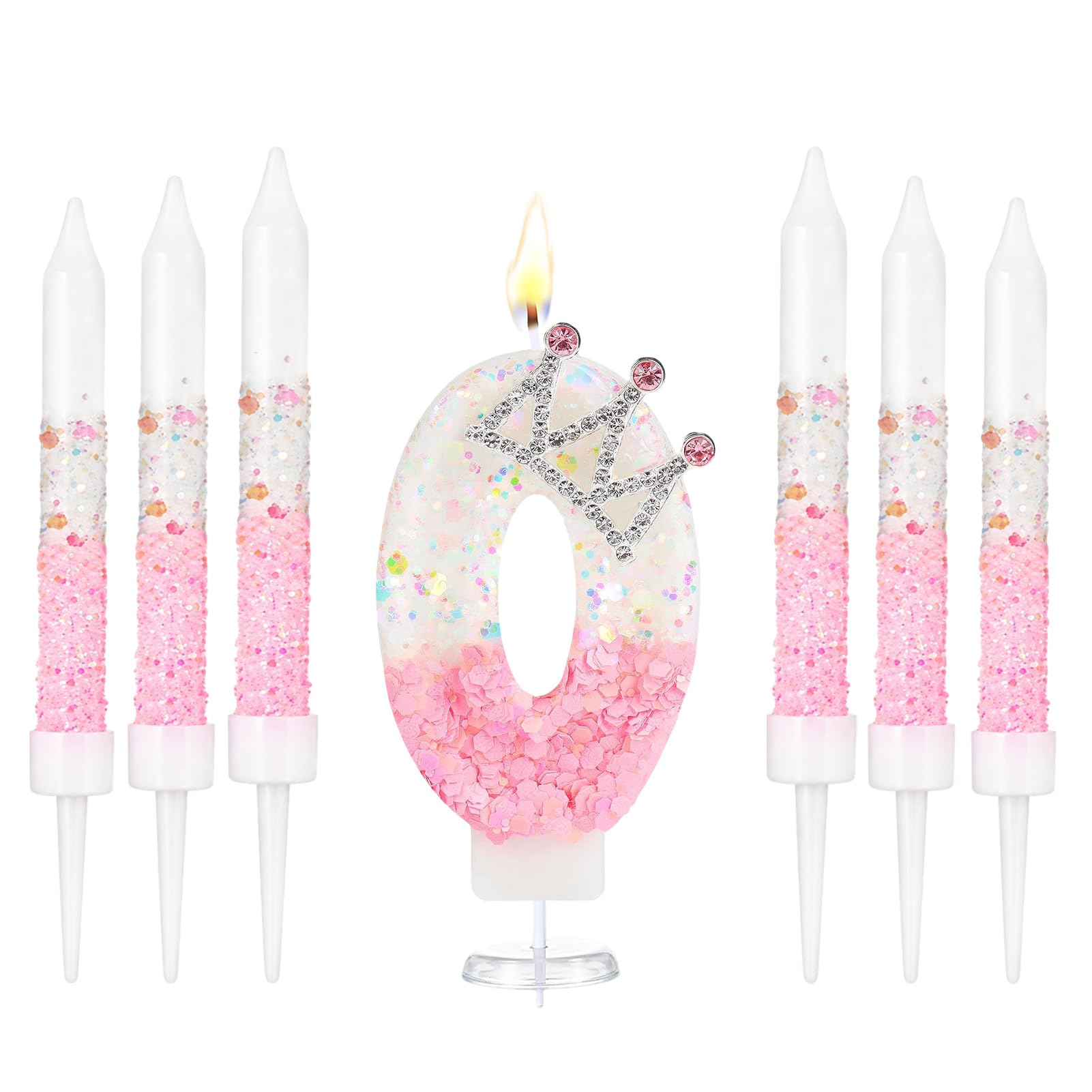 Crown Number Birthday Candles, Glitter Pink White Birthday Candle with 6 Pcs Long Candles, Stylish Princess Themed Cake Topper for Girls Birthday Party Supplies (0 Candle)