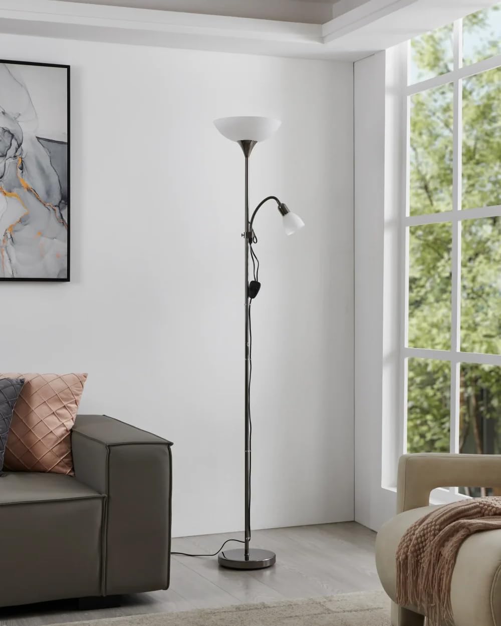 Eglo UP 2 Floor Lamp with Reading Light, Nickel-Nero Uplighter Floor Lamp, Dual E27 & E14 Standing Lamp with White Glass Shades, Modern Living Room Reading Lamp, 1765mm Height-image-36