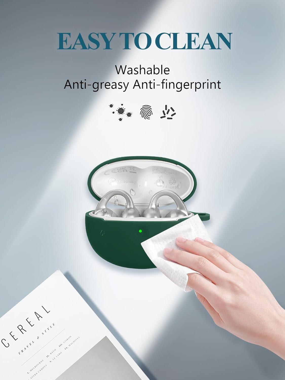 Case for Baseus Bowie MC1 Pro Earbuds Open-Ear Earbuds, WUNIAK Soft Silicone Protective Portable Scratch Shock Resistant Shell with Cleaner Kit & Carabiner & Lanyard,Green - Image 6