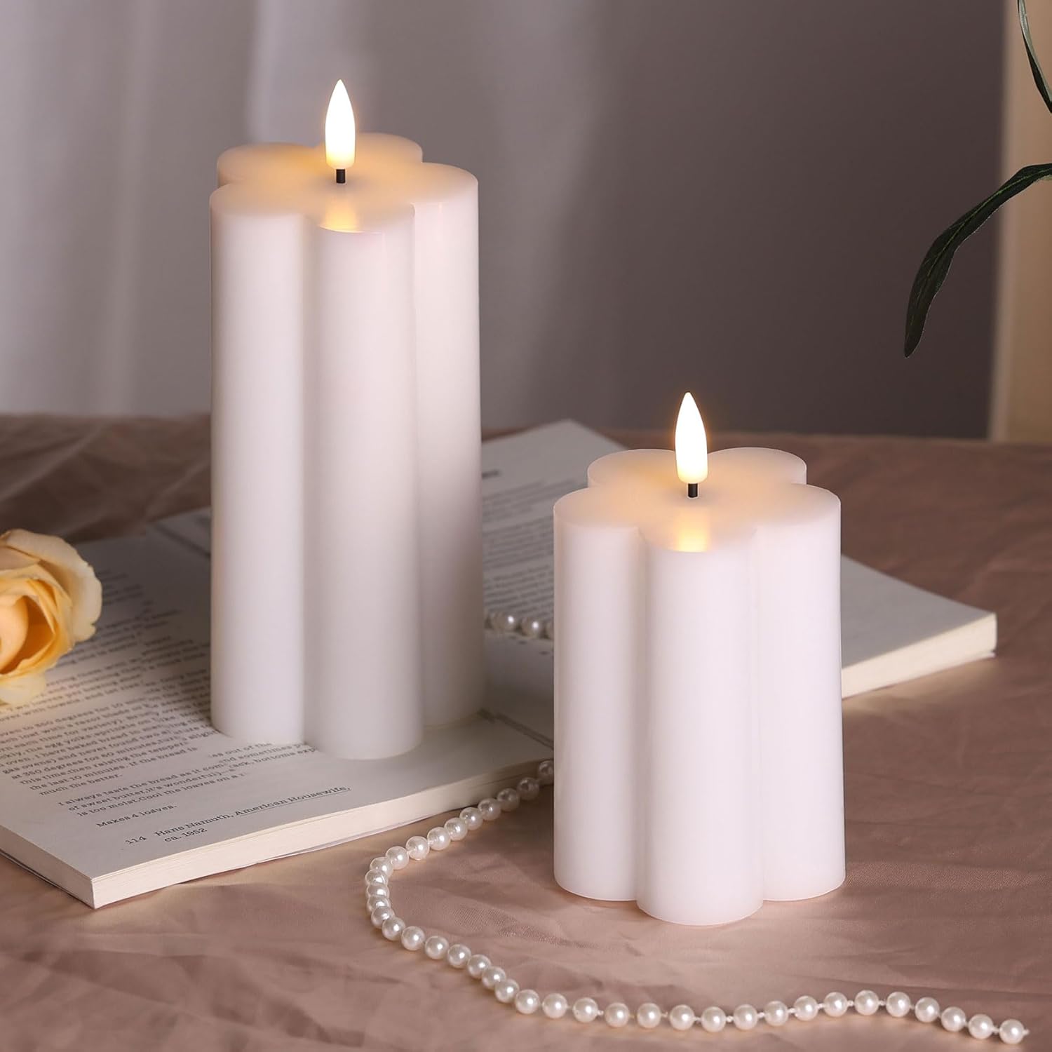 White Flameless Pillar Candles with Remote, Flickering LED Wax Candles Battery Operated Aesthetic Home Decor Set of 2