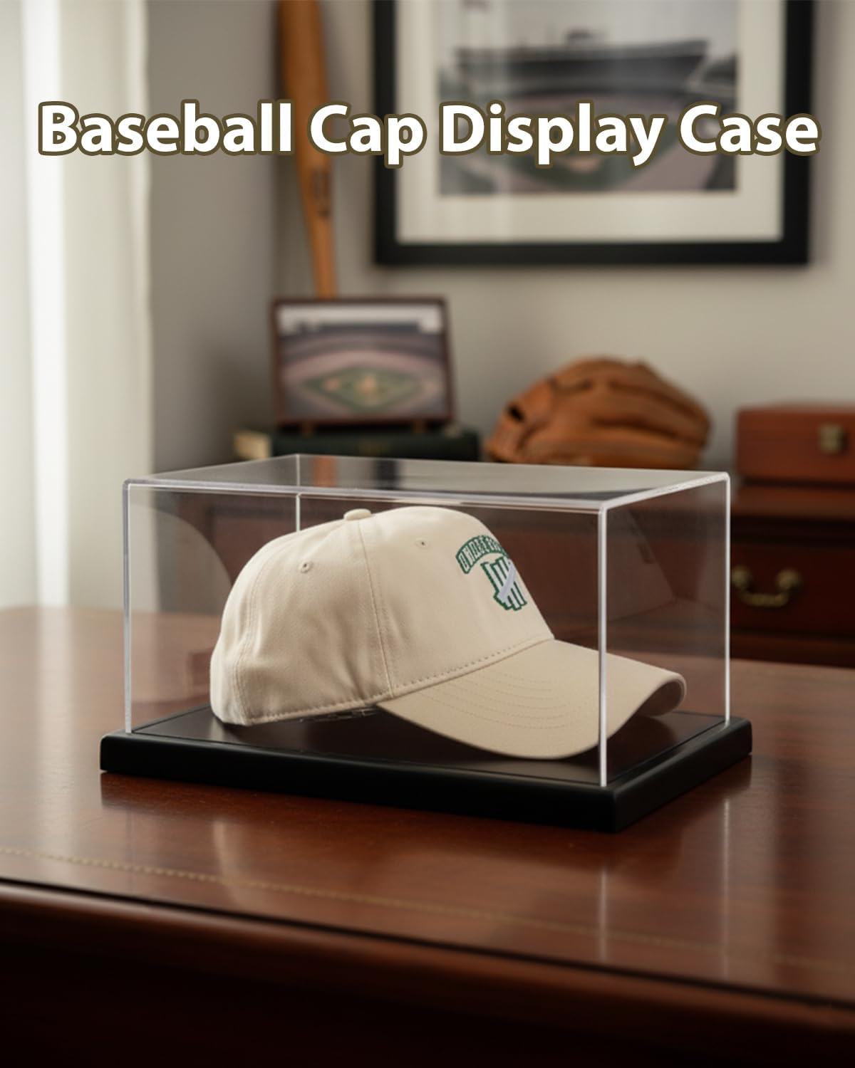 Hat Display Case, Clear One-Piece Acrylic Baseball Cap Showcase with Solid Wood Base & Hat Shaper, UV Protection Memorabilia Display Box for Signed Caps, No Assembly Required (12.5" x 9" x 6.5")
