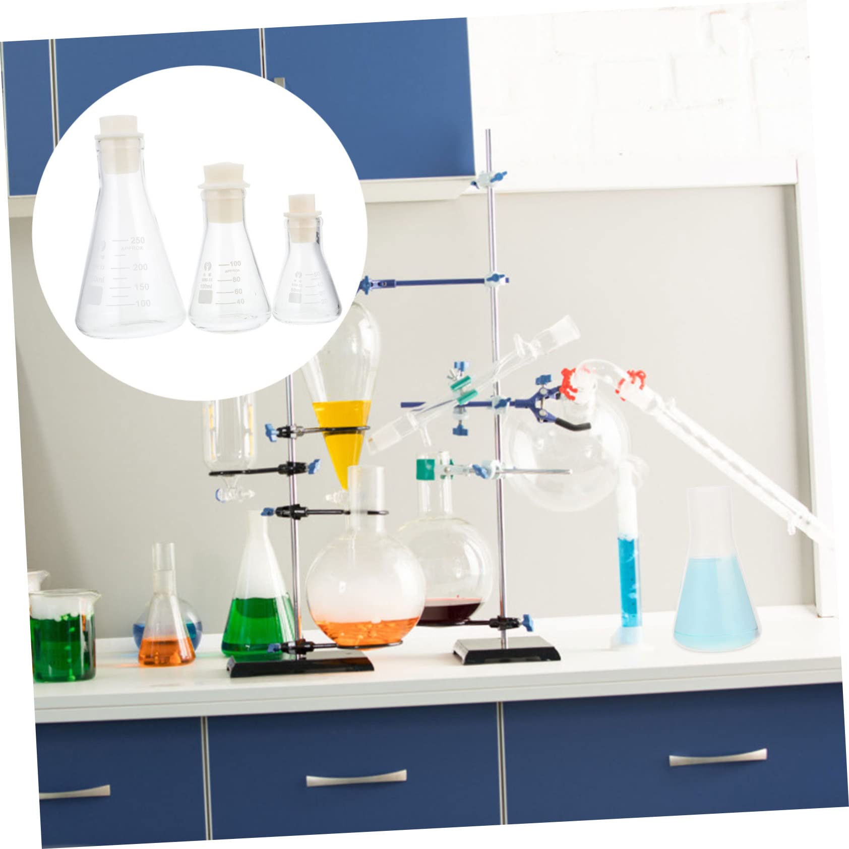 HOMOCONO Thickened Glass Flask Kit 3pcs Conical Flask with Stopper Science Lab Equipment for Boys and Girls Random Color