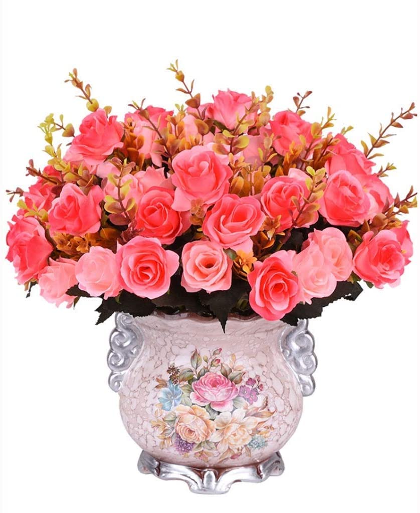 AYCDL Artificial Flowers With Vase Fake Silk Roses Bouquet In A Ceramic Floral Arrangements For Home Decor