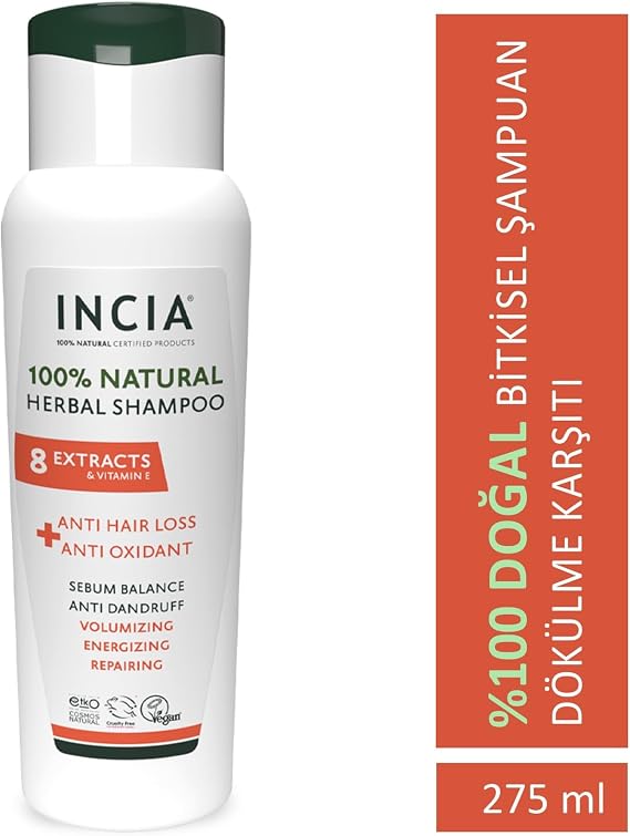 INCIA%100 Doğal Saç Dökülmesine Karşı Etkili Şampuan 8 Değerli Bitki Ekstresi Vegan 275 ml