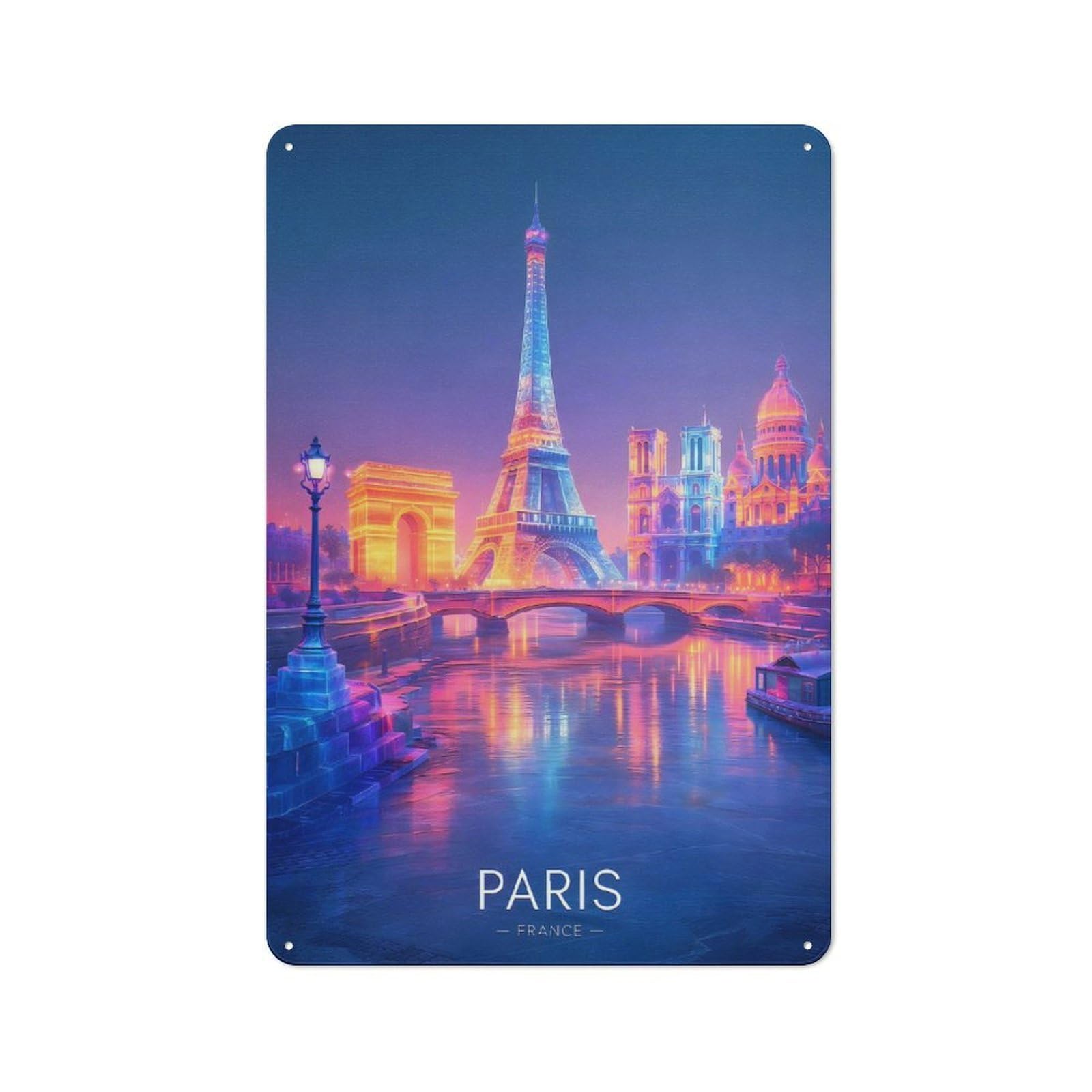 Junmoney Style-22 For Living Room Or Hallway, Parisian Nightscape With Landmarks Vintage Metal Sign 30X20cm, For Metal Sign Collectors, For Garage And Workshop Walls