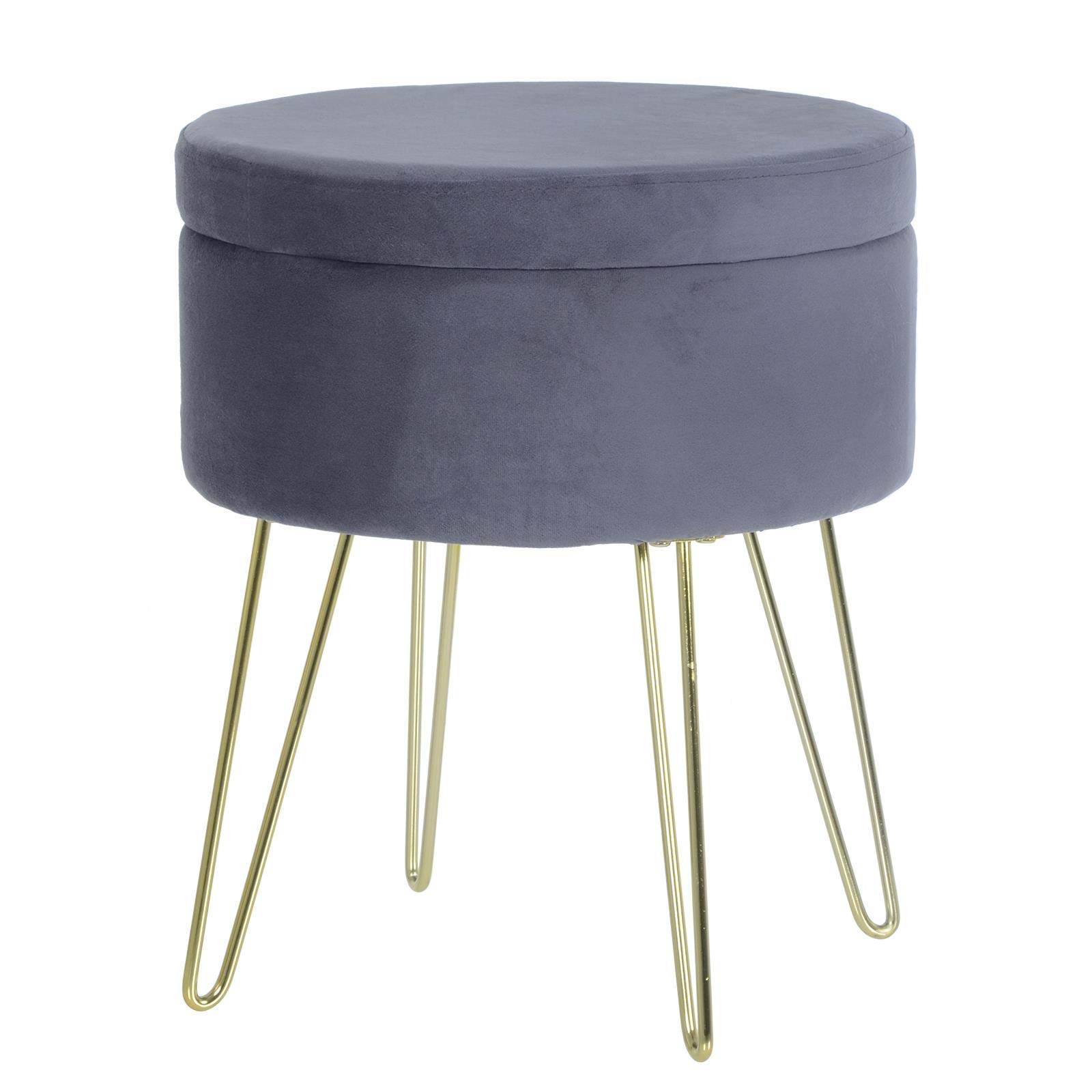 Aria Grey Fabric Storage Stool Chair with Footrest Velvet Home Dressing Table Accessory - Grey Footstool Metal Legs Furniture - Small Footstools