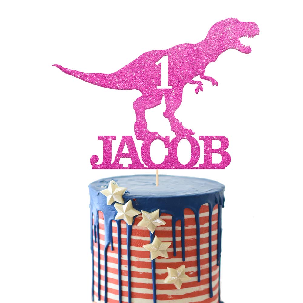 EDSG Personalised Dinosaur Cake Topper for Boy | Multicolour Glitter Dragon Topper for 1st, 3rd, 5th, 7th, 9th, 13th Birthdays (Pink)
