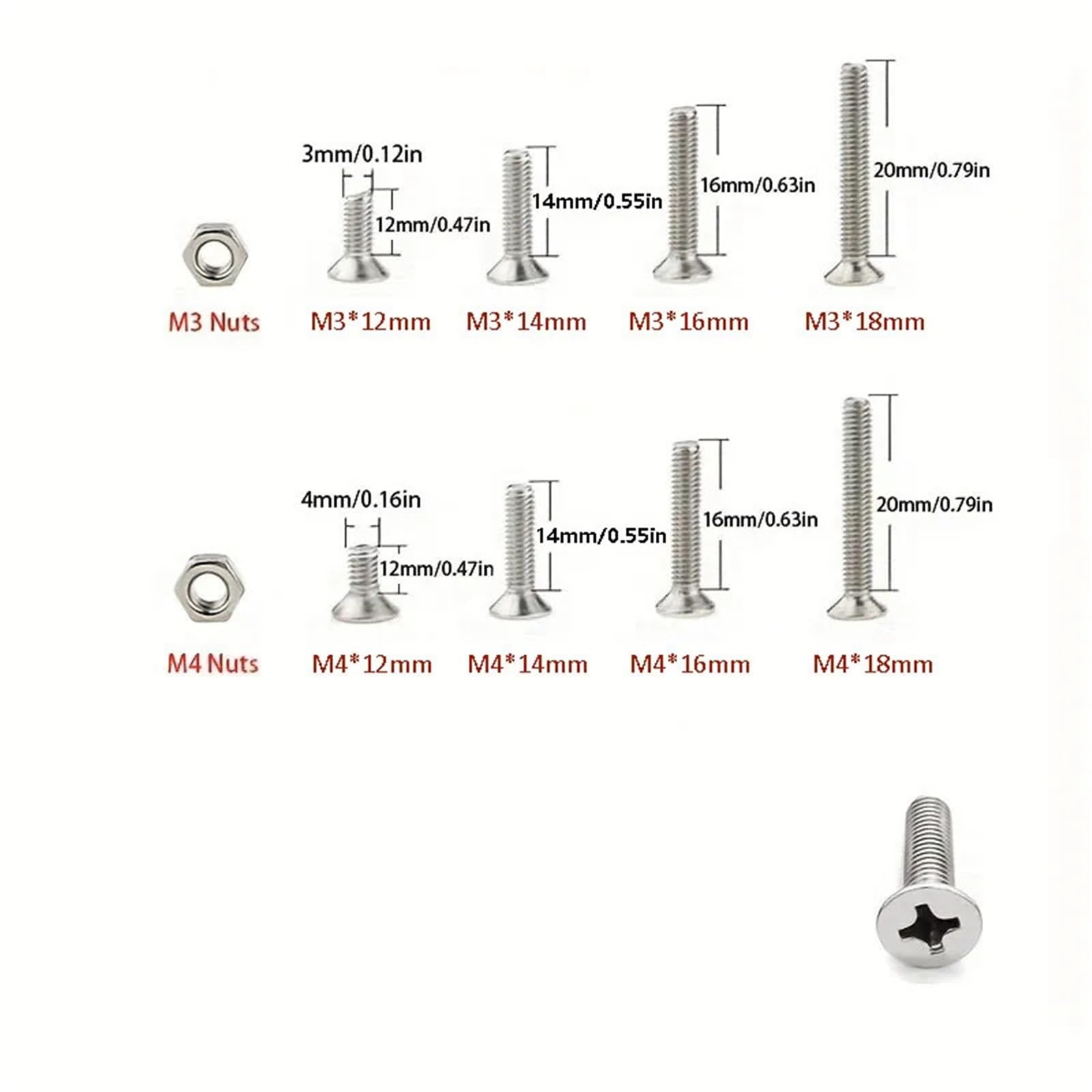 Tornillos avellanados acero inoxidable Kit de tornillos acero inoxidable (M3 y M4), 220/335 Uds.: avellanador Phillips con tuercas, for hogar/taller/bricolaje(335pcs)