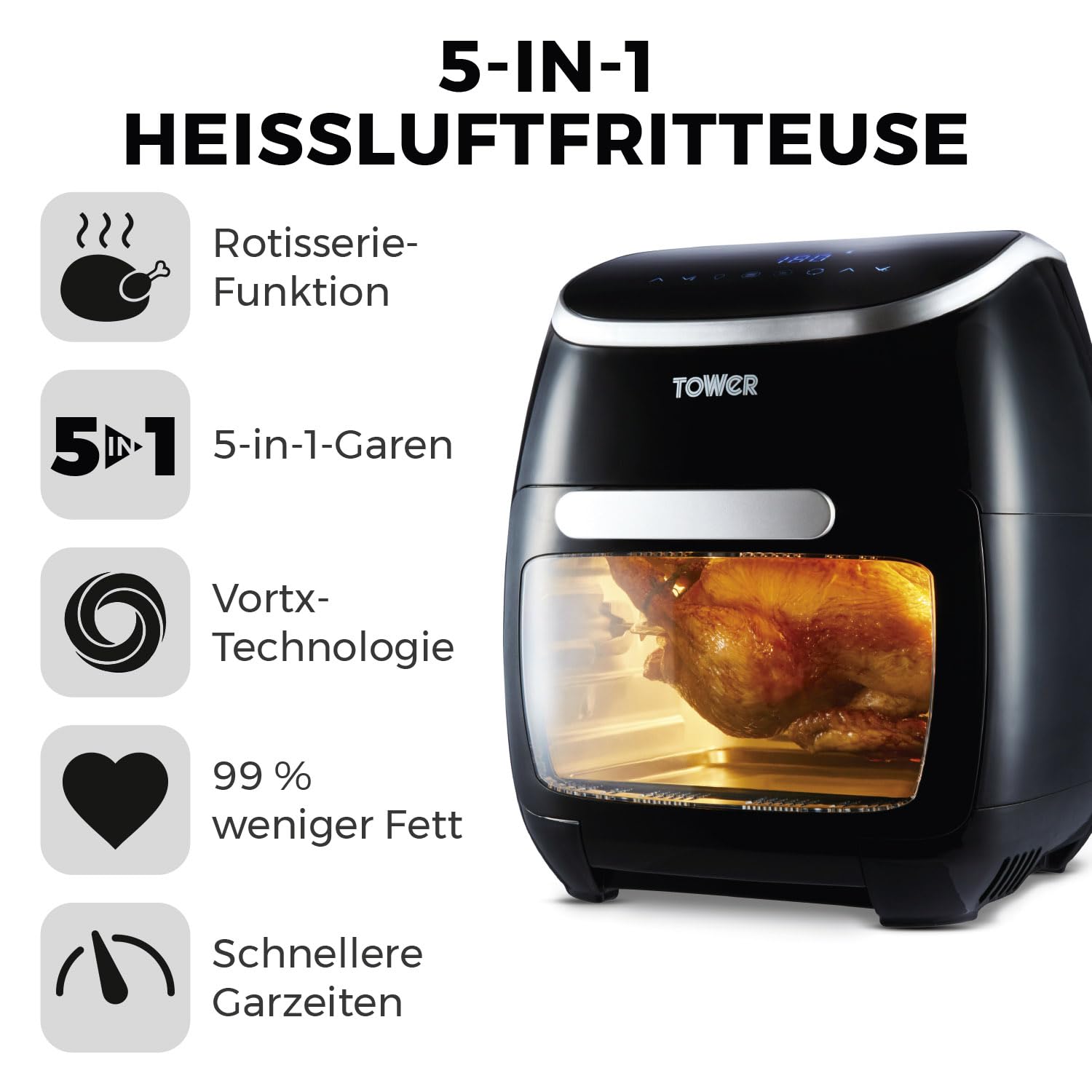 Tower T17039 Xpress Pro 5-in-1 Digitale Heißluftfritteuse mit Schneller Luftzirkulation, 60-Minuten-Timer - Airfryer Heißluftfritteuse XXL 11 l - 2000W - Schwarz