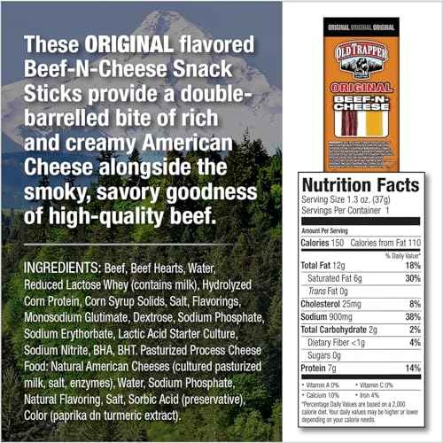 Image of Old Trapper Beef-N-Cheese, Original 1.3-Ounce Individual Package, Savory Beef Stick and American Cheese Snack Pack, Great Snack for Lunch Boxes or Between Meals (Pack of 14)