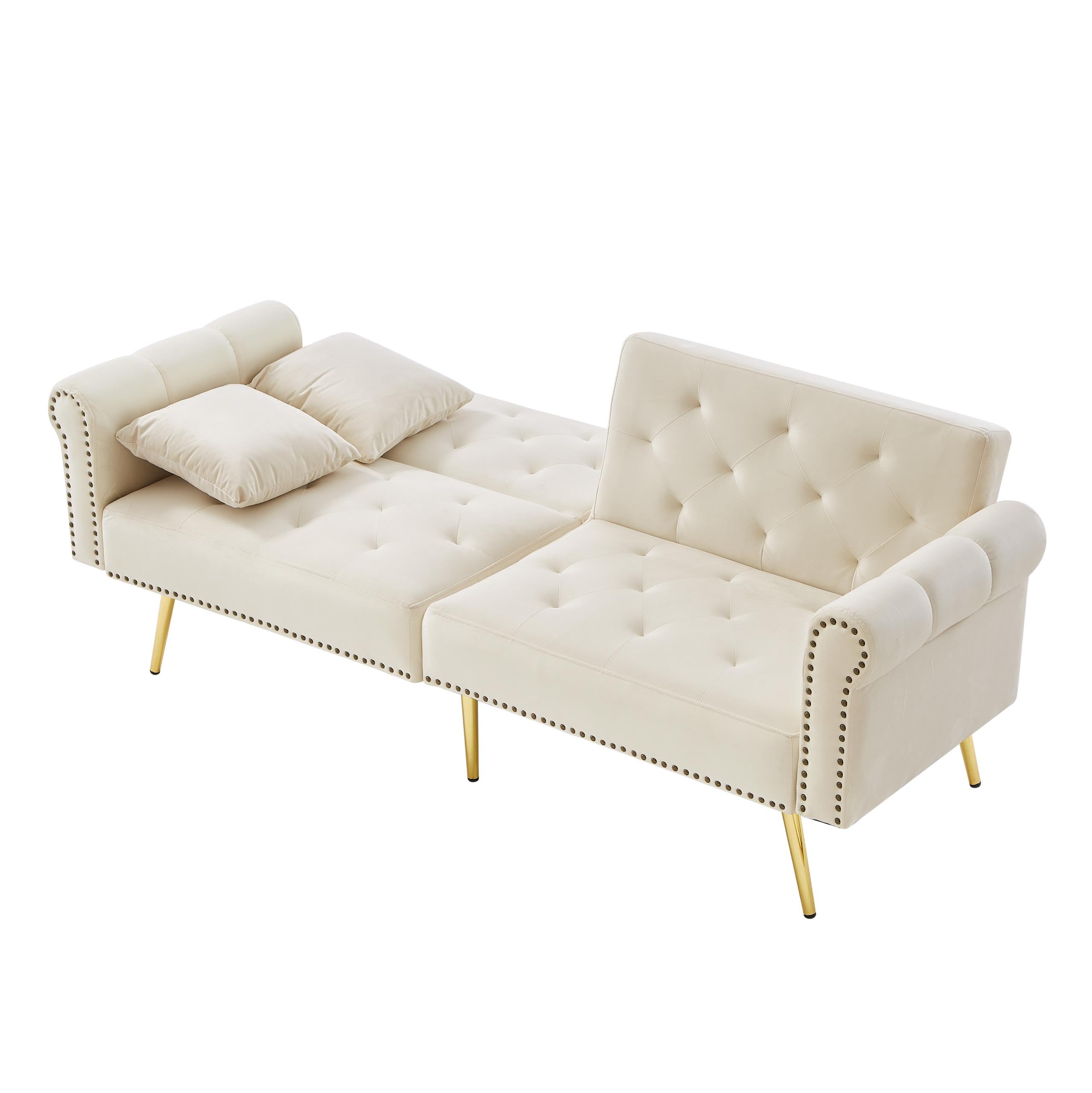 Sofá cama moderno de 2 plazas, tapizado en terciopelo, respaldo ajustable en 3 niveles y patas de metal doradas, elegante sofá con función de dormir, ahorra espacio, resistente, 173 x 75 x 70 cm