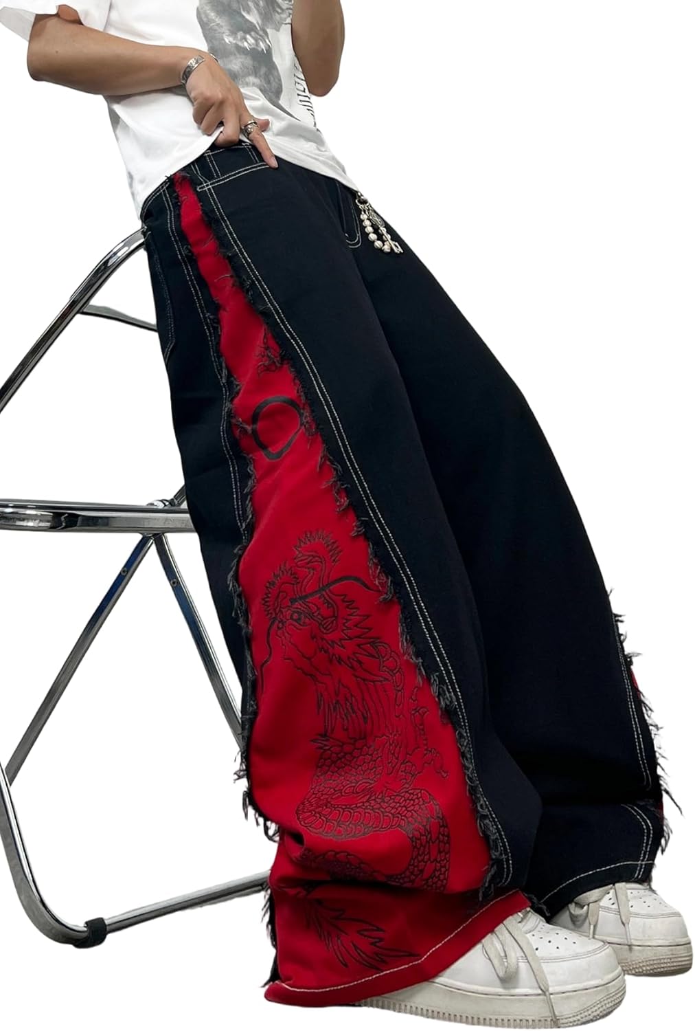 Men's Baggy Wide Leg Jeans Black Red Color Block Dragon Print Distressed Baggy Y2K Casual Vintage Trousers