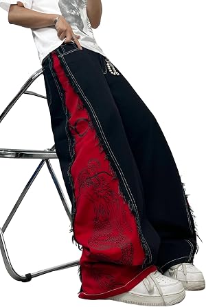 DFGIGT Mens Baggy Wide Leg Jeans Black Red Color Block Dragon Print Distressed Baggy Y2K Casual Vintage Trousers
