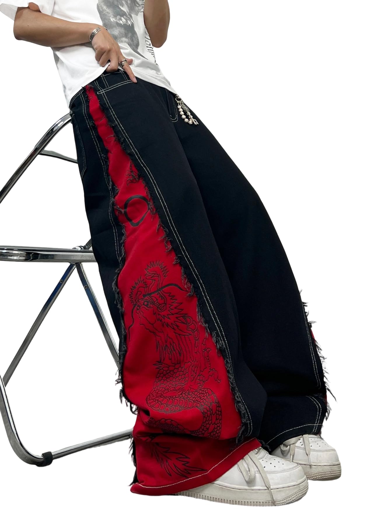 Men's Baggy Wide Leg Jeans Black Red Color Block Dragon Print Distressed Baggy Y2K Casual Vintage Trousers