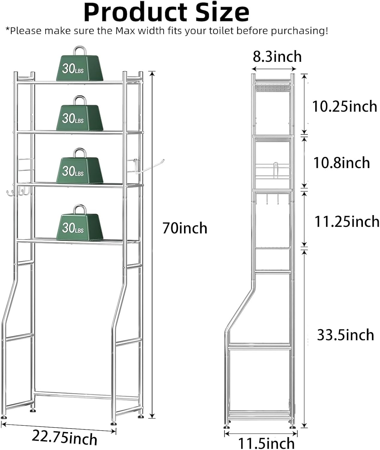 Over The Toilet Storage Cabinet, Metal 4 Tier Bathroom Shelves Over Toilet, Bathroom Oragnizer with 4 Hooks and Paper Holder, Chrome