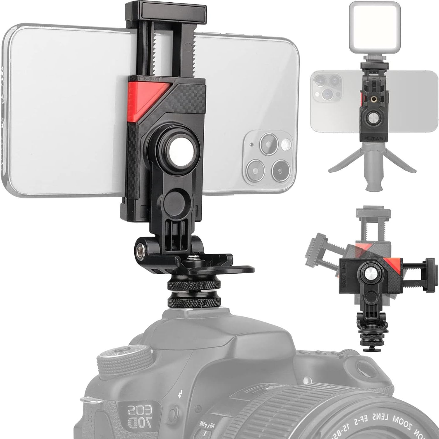 Camera Hot Shoe Phone Holder, 360 Rotation Phone Tripod Mount Adapter, with Cold Shoe Mount, for Vlogging Live Stream Photography and More, for Camera Ring Light Microphone Universal Phone Clamp